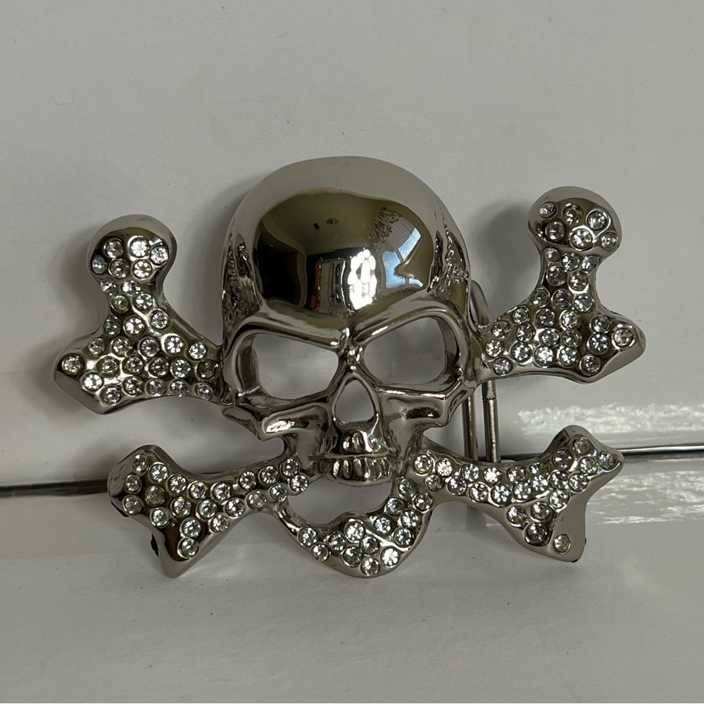 Silver Skull Crossbones Skeleton Rhinestone Pirates Metal Belt Buckle Punk Rock